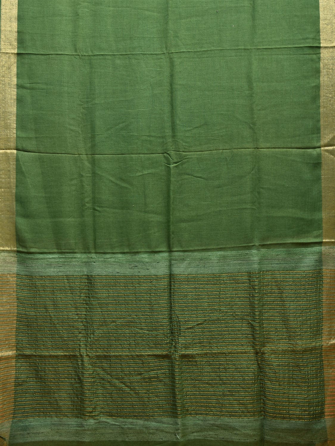 Green Linen Cotton Plain Saree with Strips Pallu Design o0547