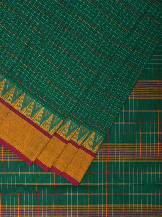 Green Narayanpet Cotton Handloom Saree with Checks and Temple Border Design No Blouse np0945