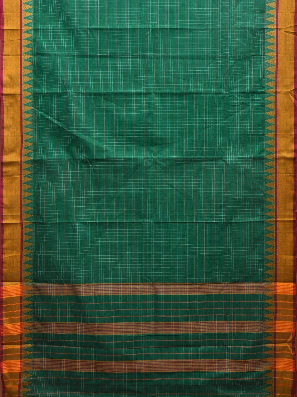 Green Narayanpet Cotton Handloom Saree with Checks and Temple Border Design No Blouse np0945