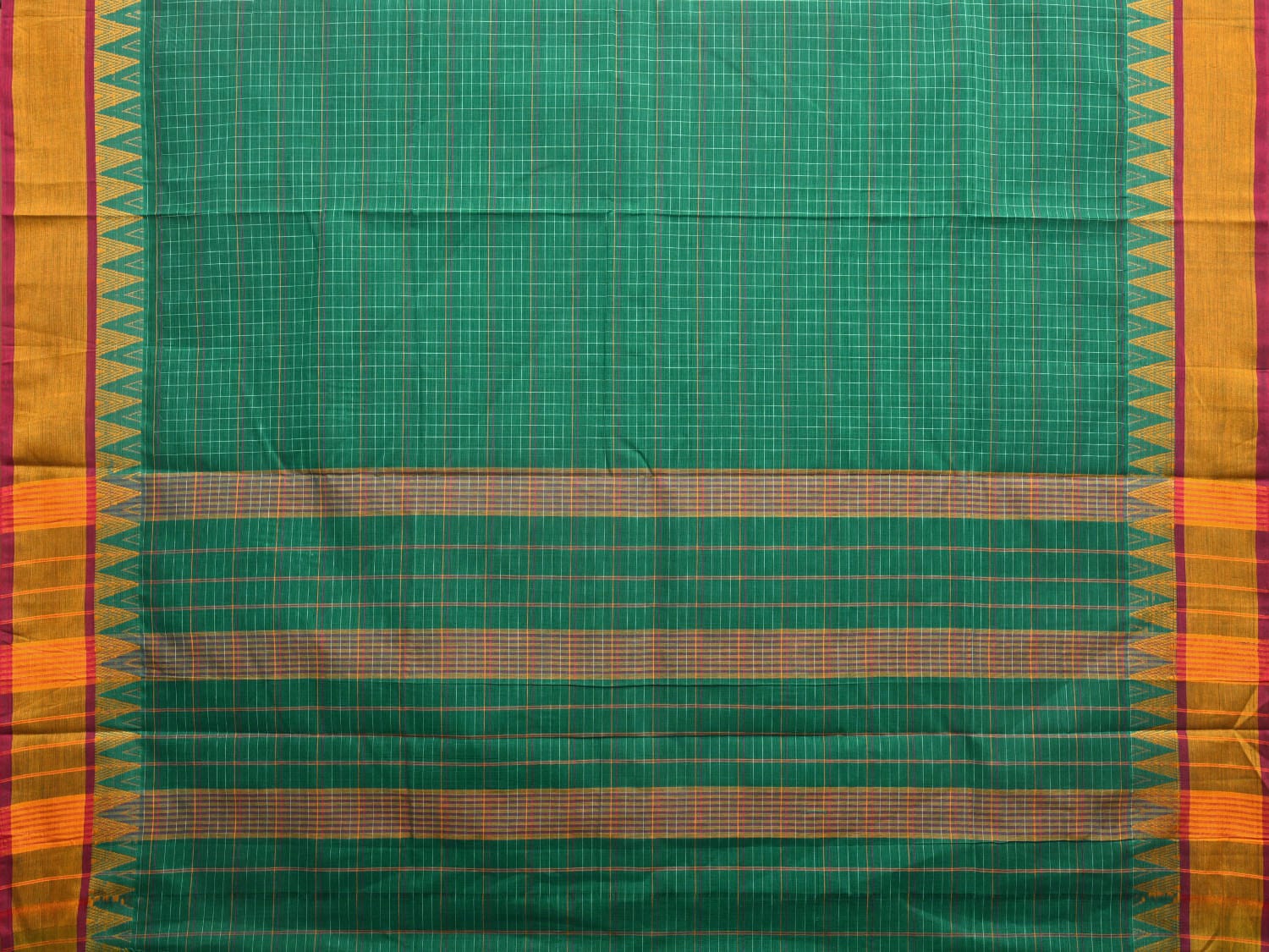Green Narayanpet Cotton Handloom Saree with Checks and Temple Border Design No Blouse np0945