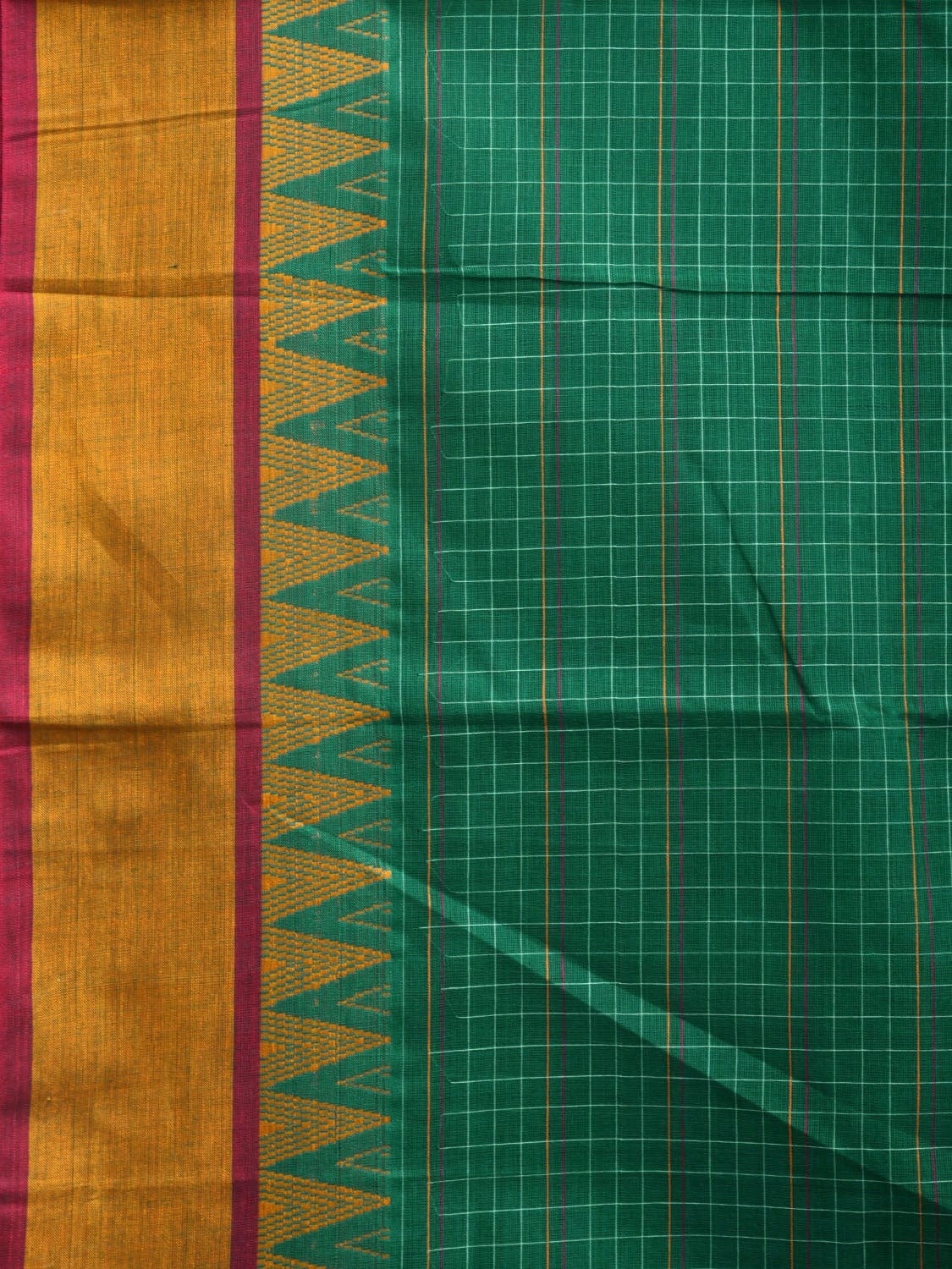 Green Narayanpet Cotton Handloom Saree with Checks and Temple Border Design No Blouse np0945