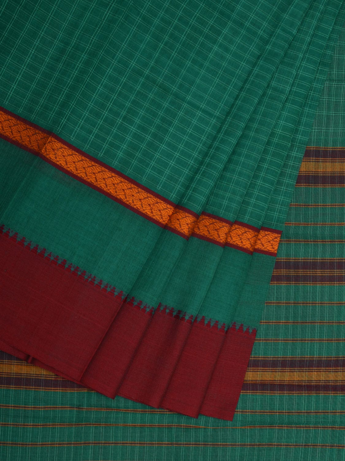 Green Narayanpet Cotton Handloom Saree with Checks Design No Blouse np0615