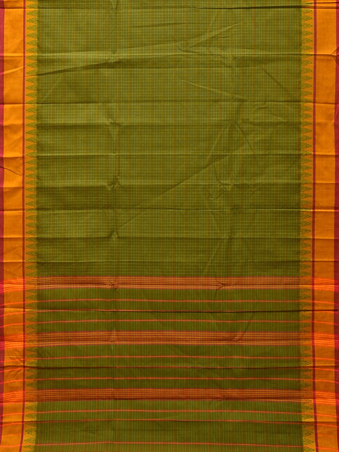 Green Narayanpet Cotton Handloom Saree with Strips and Temple Border Design No Blouse np0773
