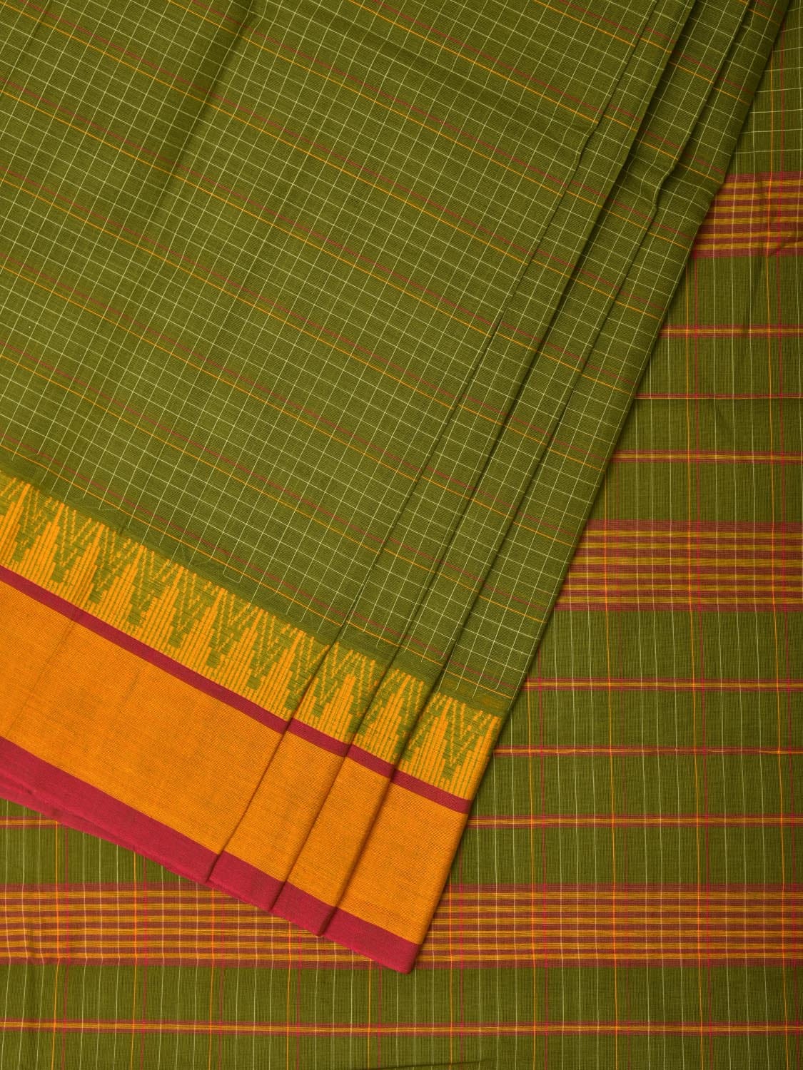 Green Narayanpet Cotton Handloom Saree with Strips and Temple Border Design No Blouse np0773