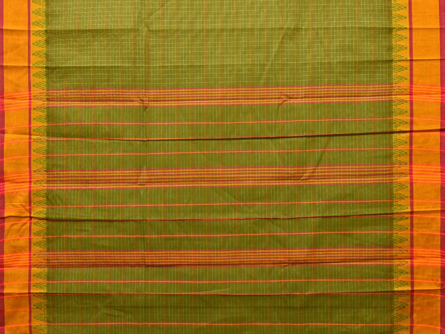 Green Narayanpet Cotton Handloom Saree with Strips and Temple Border Design No Blouse np0773