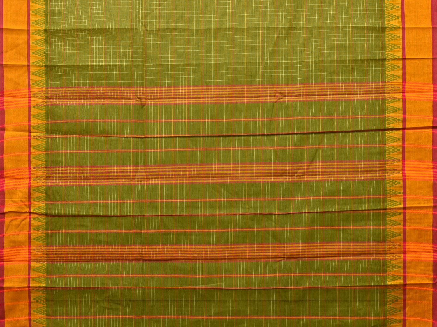 Green Narayanpet Cotton Handloom Saree with Strips and Temple Border Design No Blouse np0773