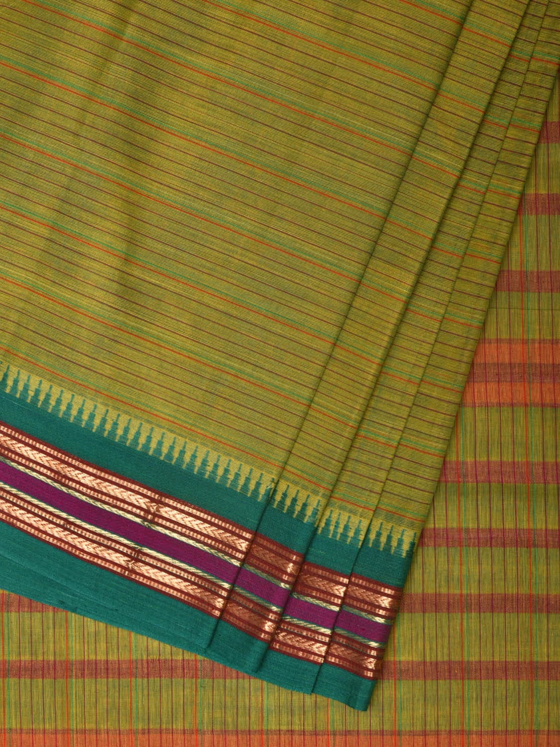 Green Narayanpet Cotton Handloom Saree with Strips Design No Blouse np0801