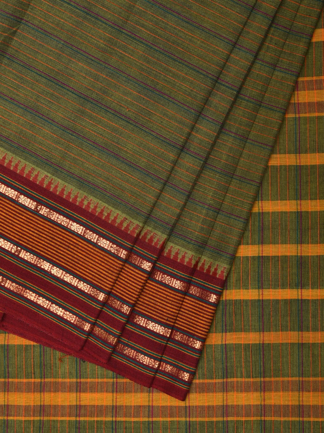 Green Narayanpet Cotton Handloom Saree with Strips Design No Blouse np0804