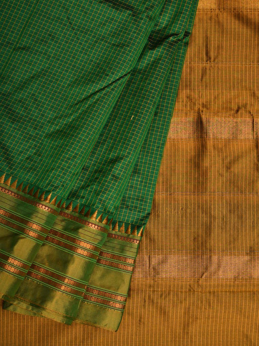 Green Narayanpet Silk Handloom Saree with Checks Design No Blouse np0387