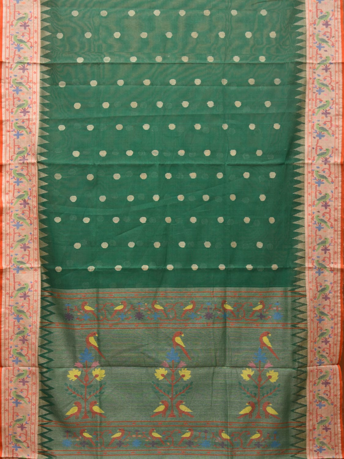 Green Paithani Cotton Handloom Saree with Parrot Border Design p0486