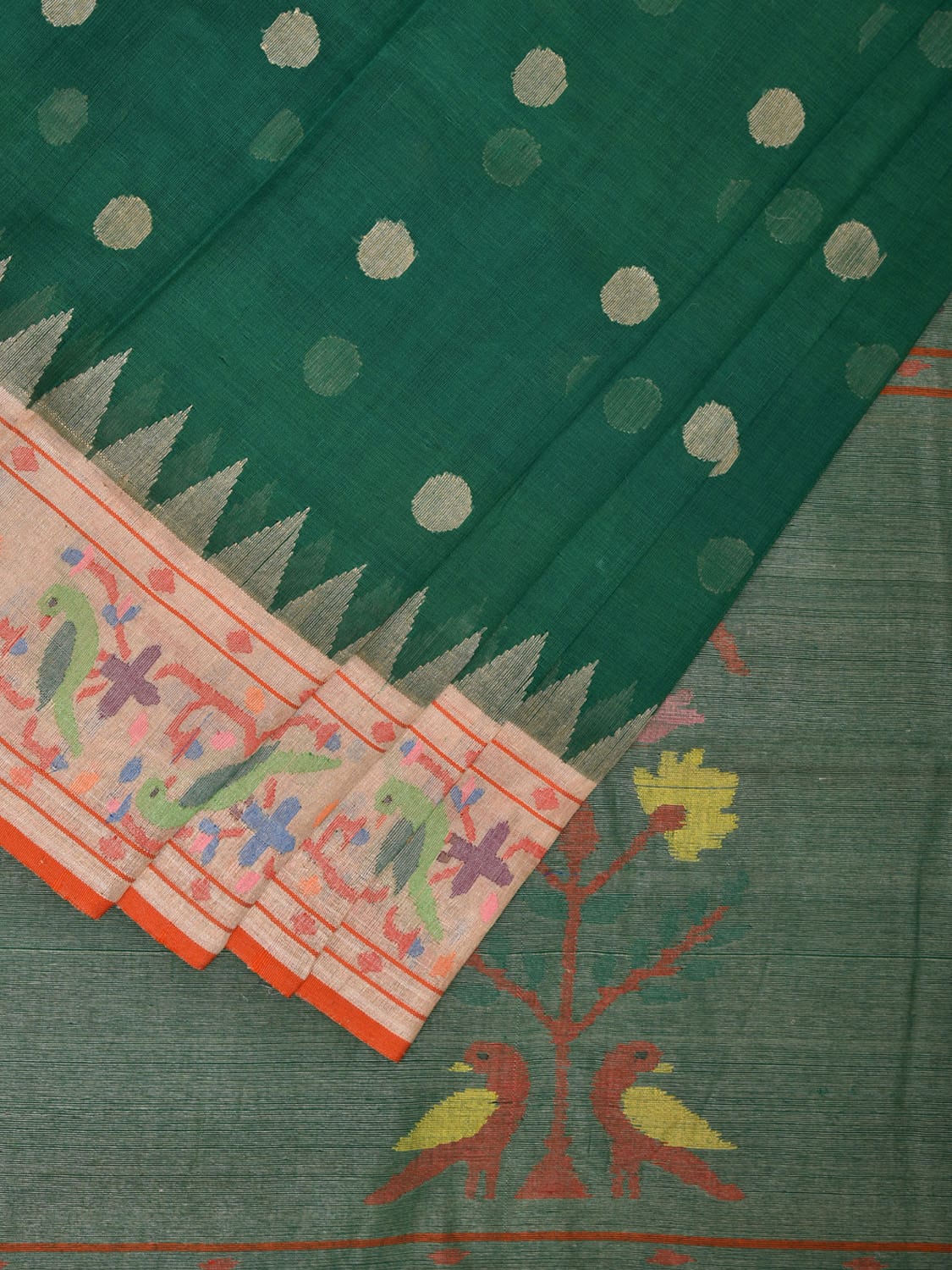 Green Paithani Cotton Handloom Saree with Parrot Border Design p0486