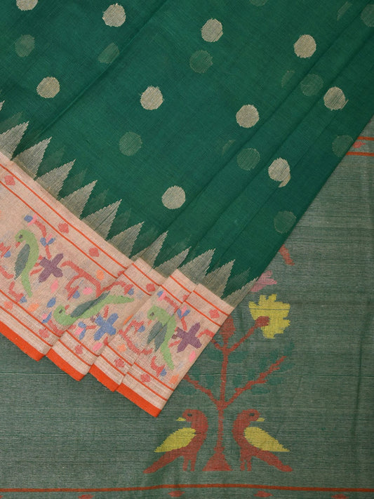 Green Paithani Cotton Handloom Saree with Parrot Border Design p0486