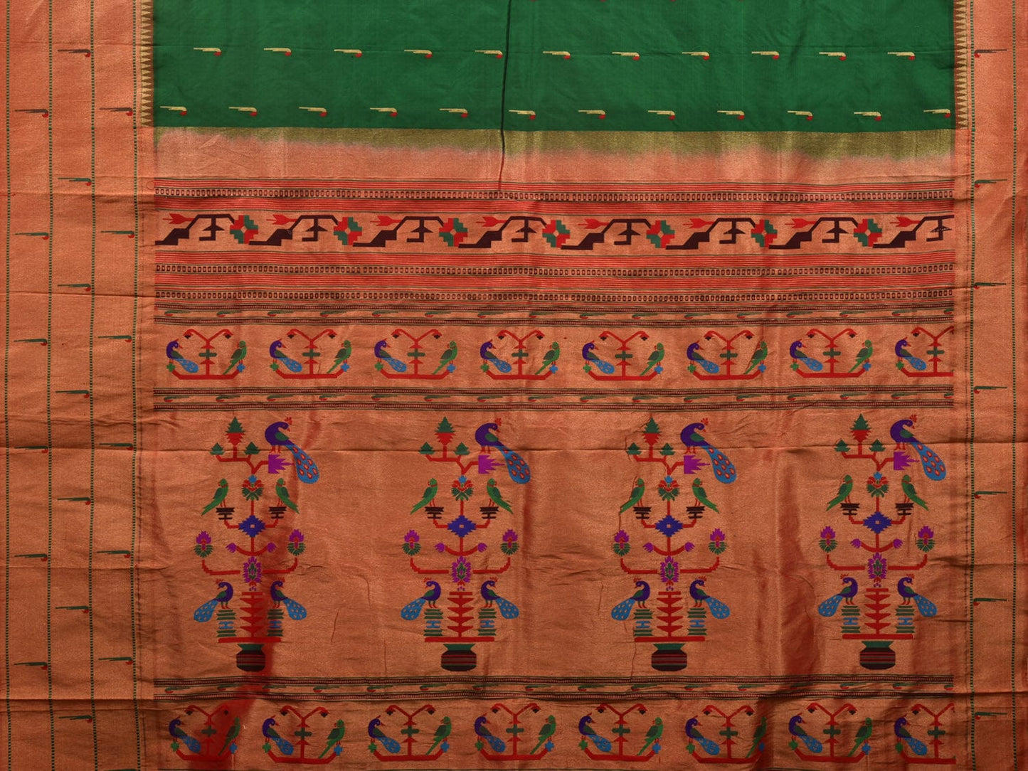 Green Paithani Silk Handloom Saree with Pallu and Triple Muniya Border Design p0476