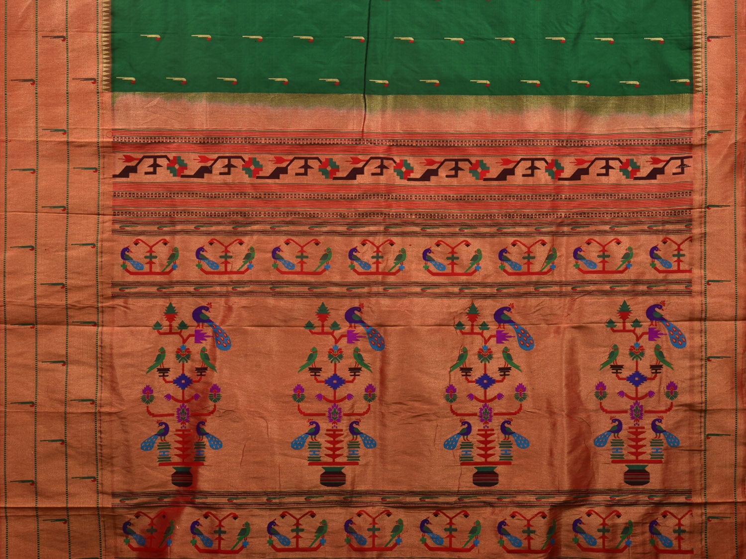 Green Paithani Silk Handloom Saree with Pallu and Triple Muniya Border Design p0476