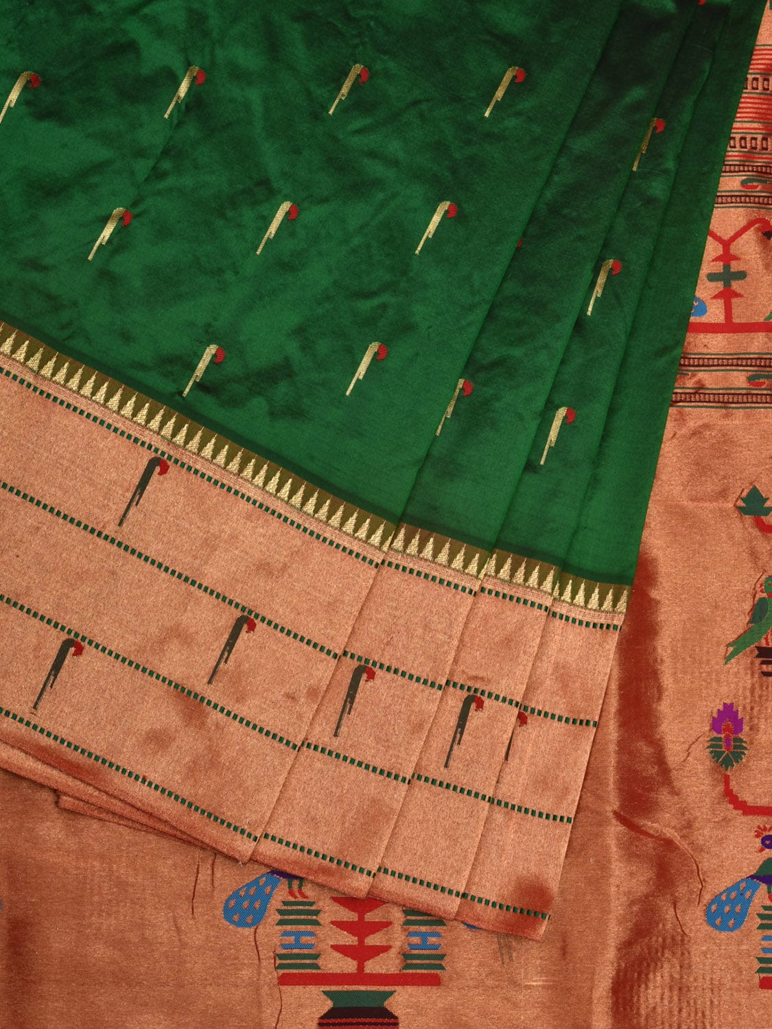 Green Paithani Silk Handloom Saree with Pallu and Triple Muniya Border Design p0476