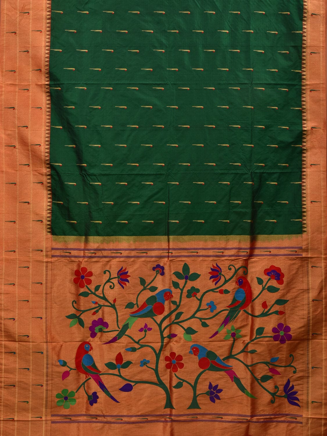 Green Paithani Silk Handloom Saree with Triple Muniya Border Design p0446