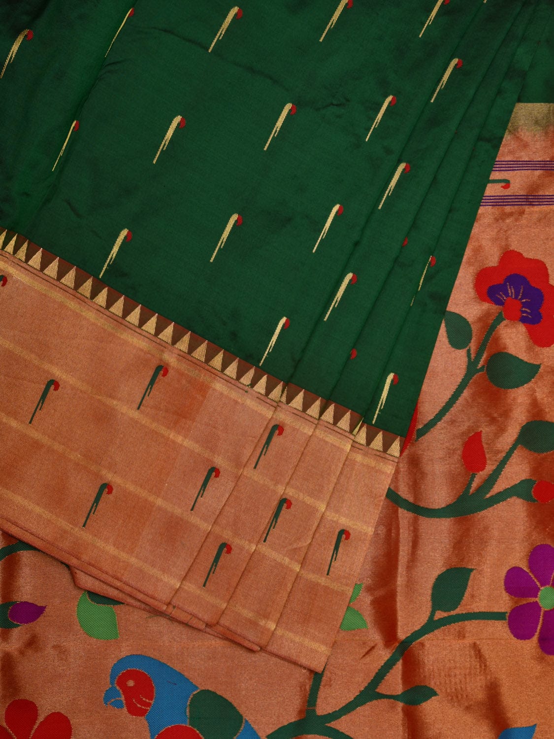 Green Paithani Silk Handloom Saree with Triple Muniya Border Design p0446