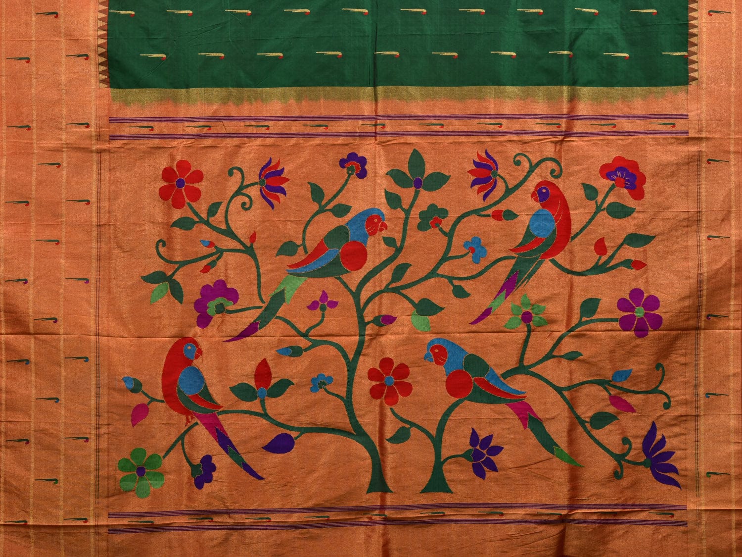 Green Paithani Silk Handloom Saree with Triple Muniya Border Design p0446