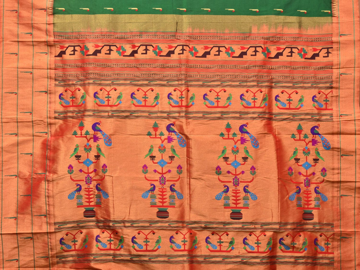 Green Paithani Silk Handloom Saree with Triple Muniya Border Design p0488