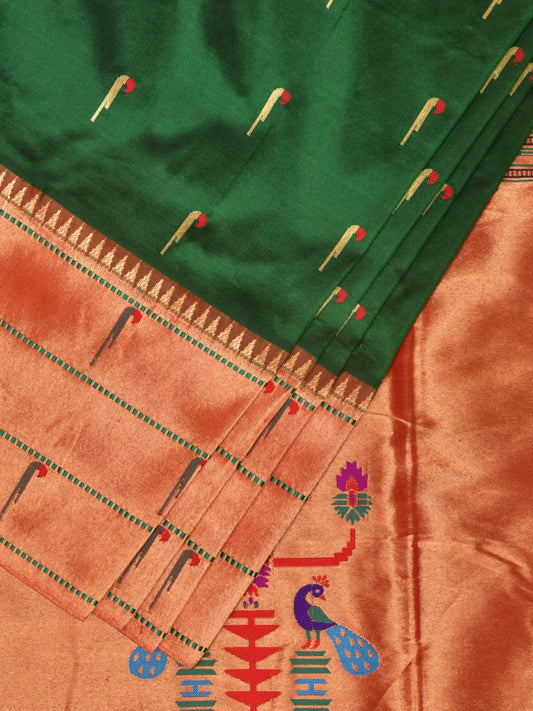 Green Paithani Silk Handloom Saree with Triple Muniya Border Design p0488