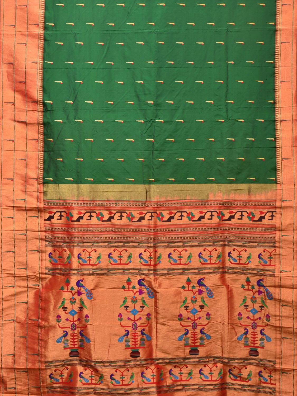 Green Paithani Silk Handloom Saree with Triple Muniya Border Design p0488