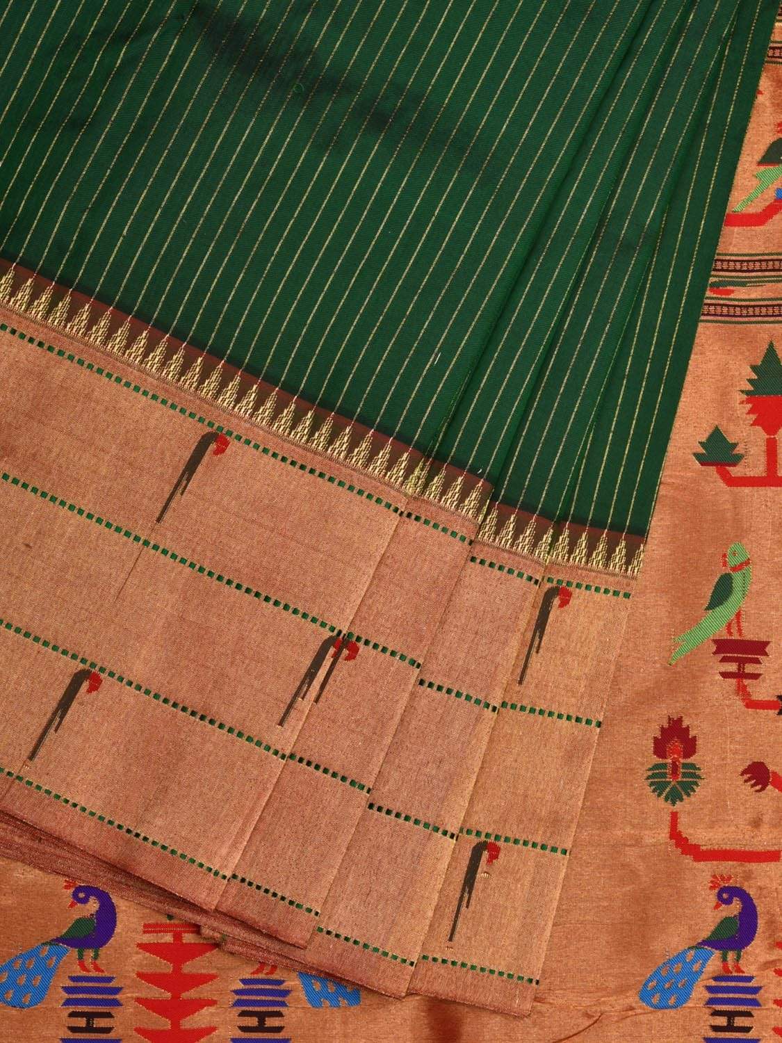 Green Paithani Silk Saree with Strips and Triple Muniya Border Design p0392