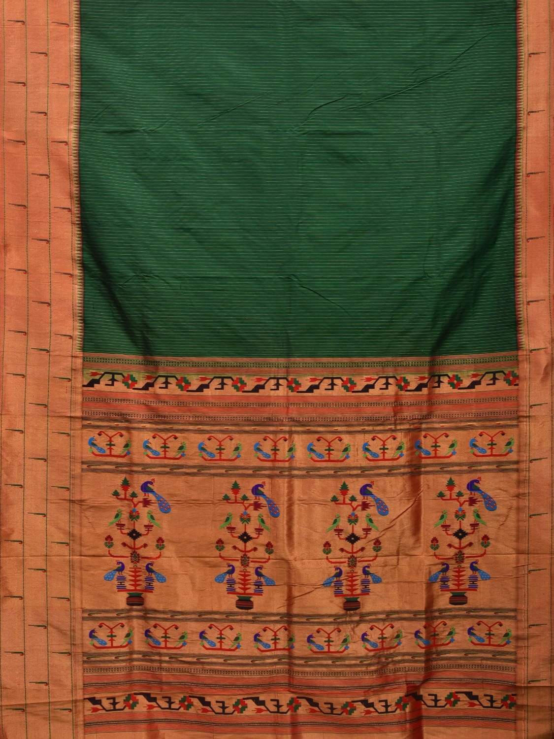 Green Paithani Silk Saree with Strips and Triple Muniya Border Design p0392