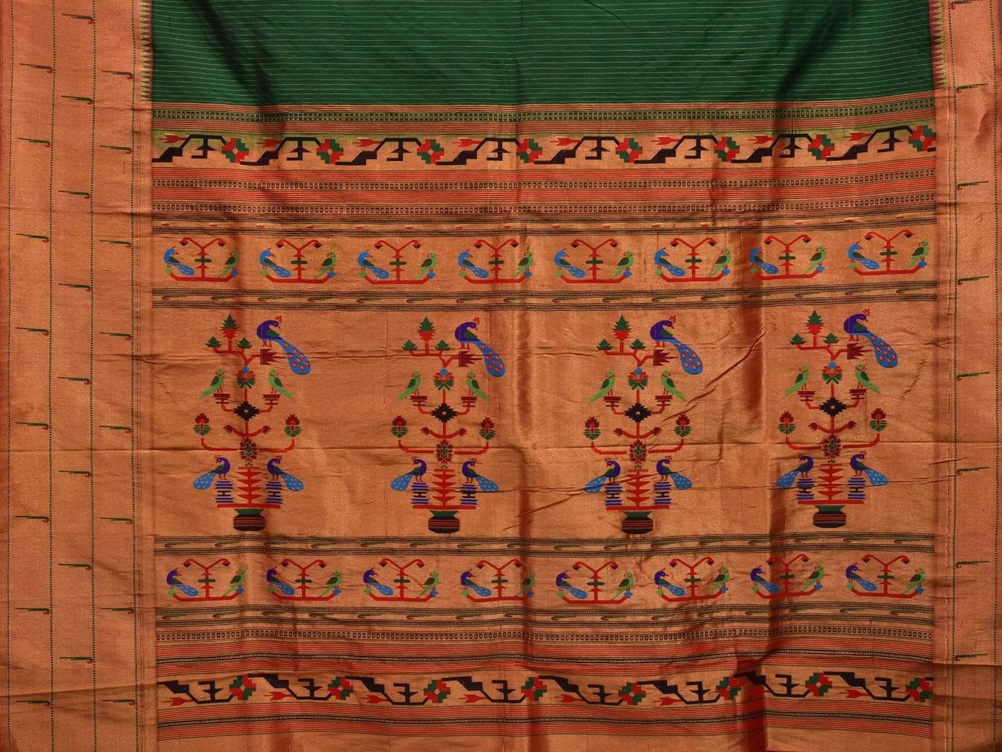 Green Paithani Silk Saree with Strips and Triple Muniya Border Design p0392