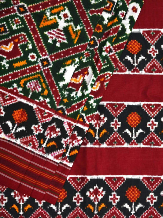 Green Pochampally Double Ikat Silk Handloom Saree with Narikunj Design i0582