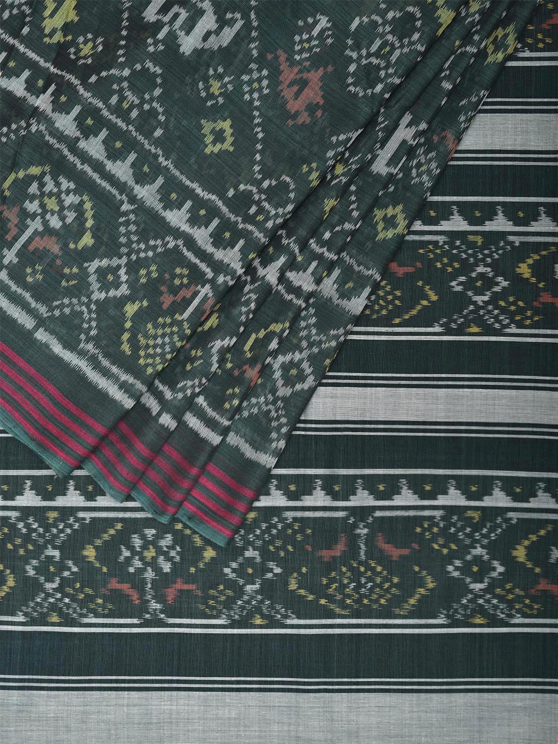 Green Pochampally Ikat Cotton Handloom Saree with Elephant and Parrot Design i0876