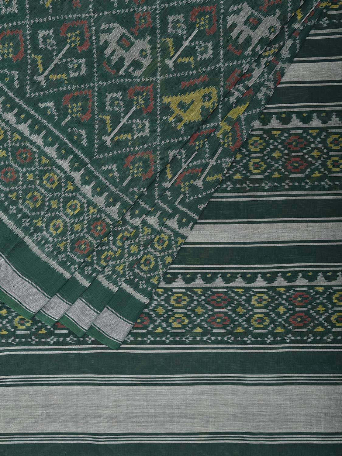 Green Pochampally Ikat Cotton Handloom Saree with Elephant and Parrot Design i0879