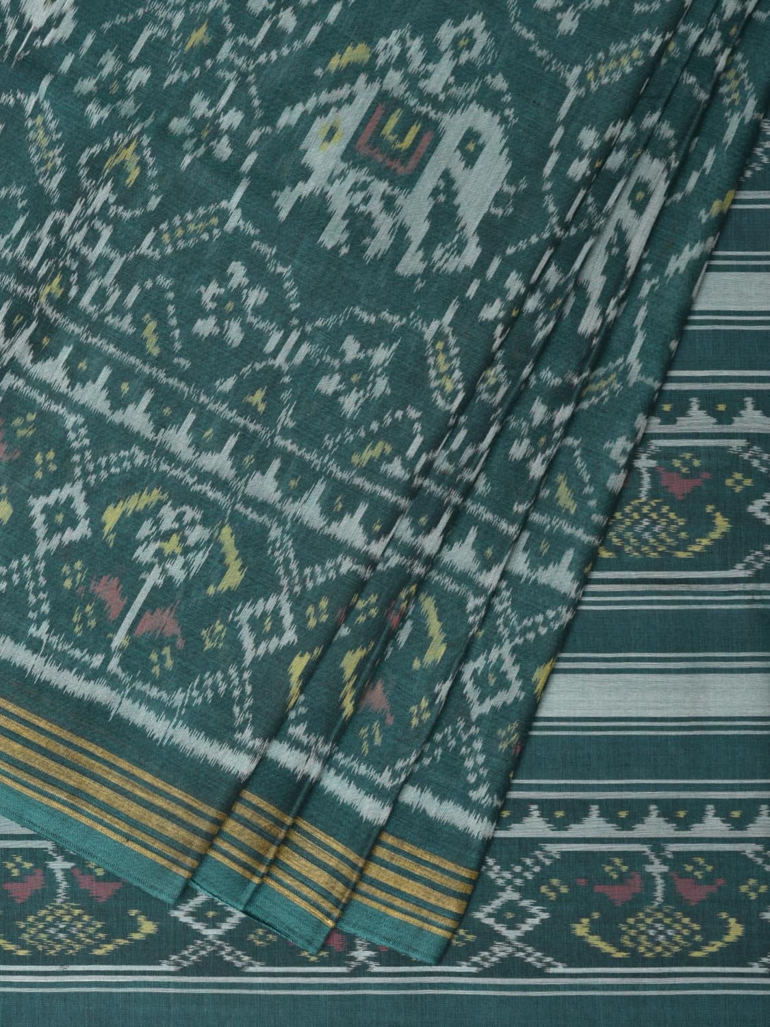 Green Pochampally Ikat Cotton Handloom Saree with Elephant Design i0796