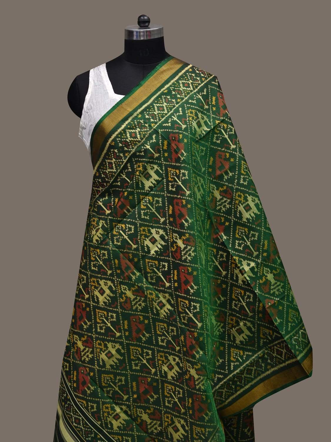 Green Pochampally Ikat Silk Handloom Dupatta with Elephant and Parrot Design ds2460