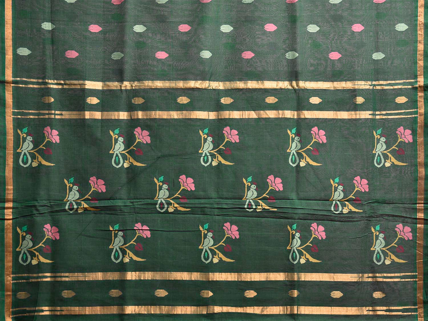 Green Uppada Cotton Handloom Saree with Birds and Floral Pallu Design u2360