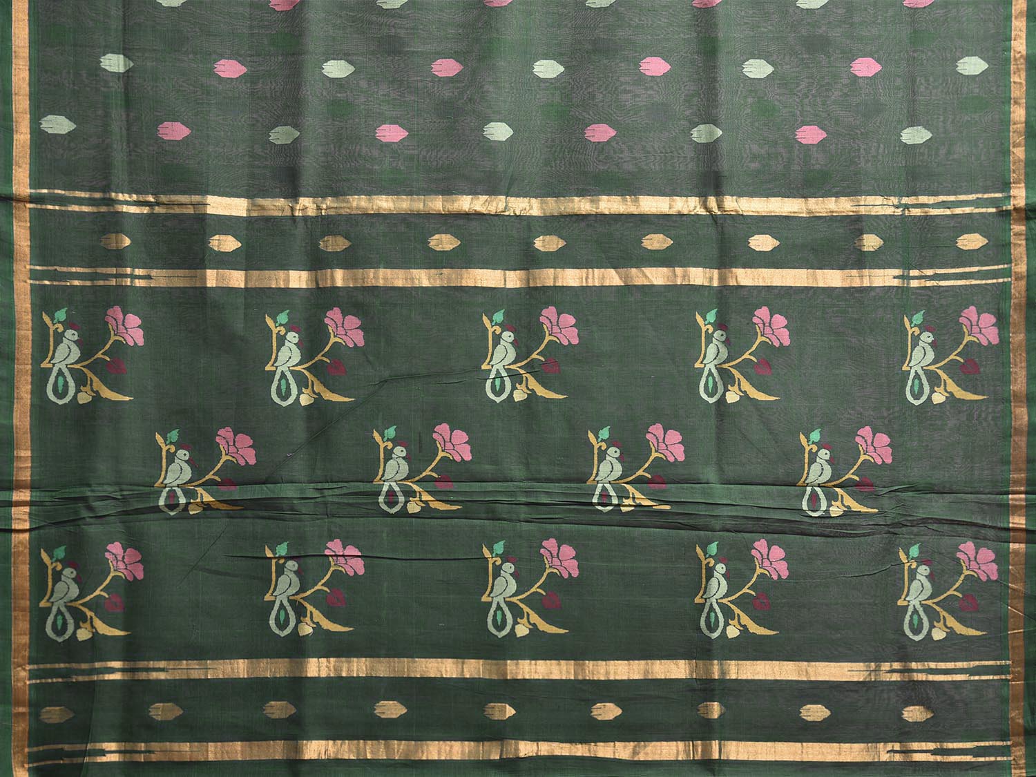 Green Uppada Cotton Handloom Saree with Birds and Floral Pallu Design u2360