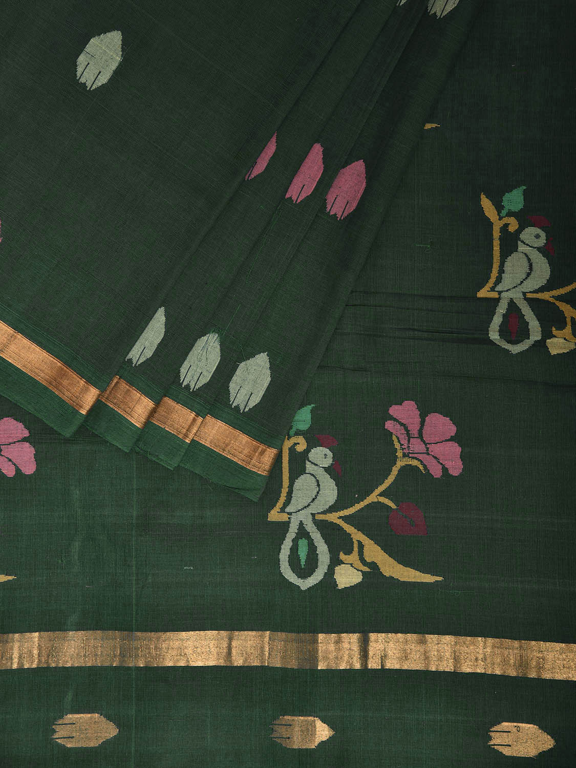 Green Uppada Cotton Handloom Saree with Birds and Floral Pallu Design u2360