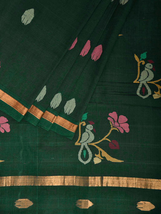 Green Uppada Cotton Handloom Saree with Birds and Floral Pallu Design u2360