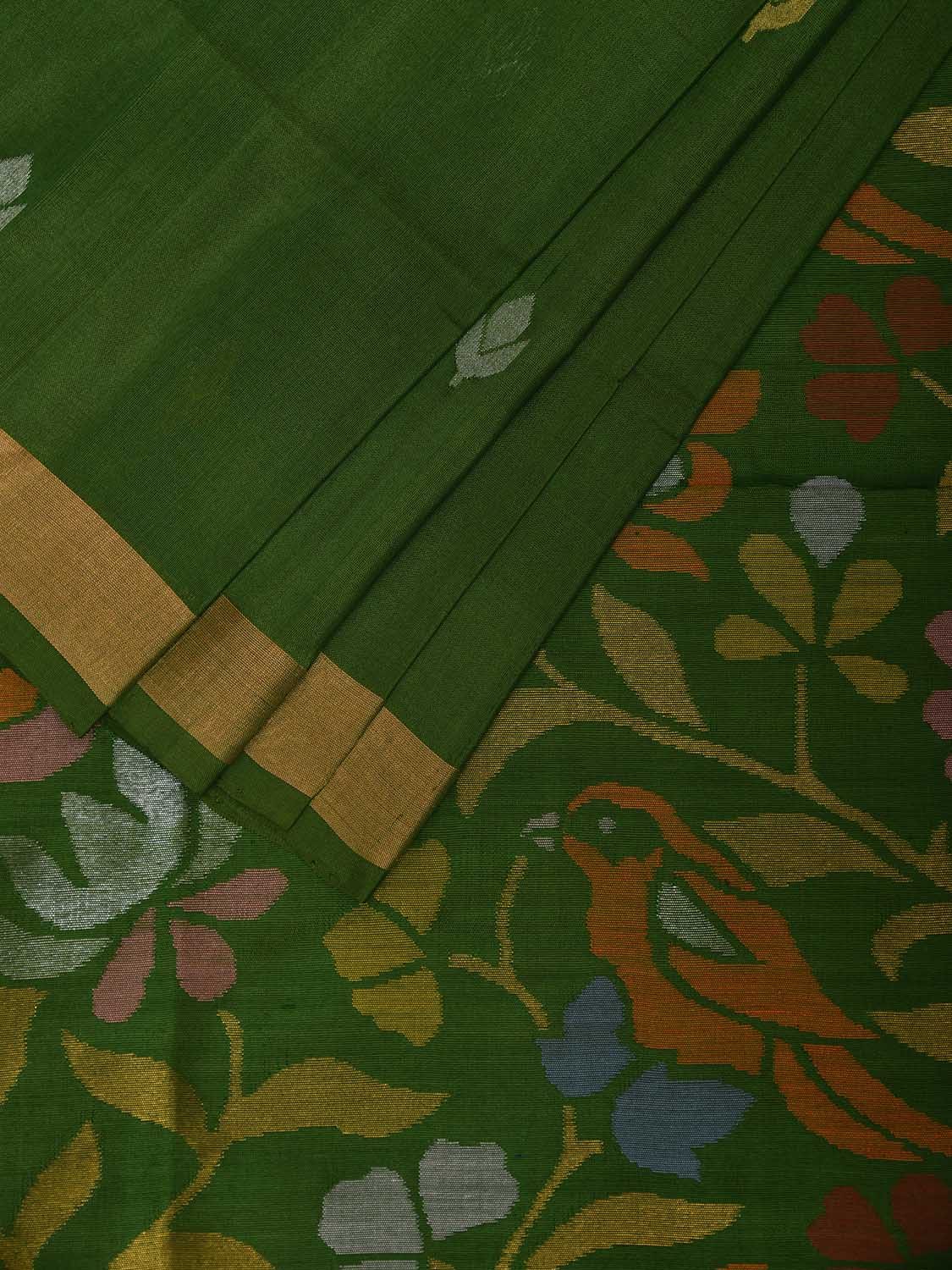 Green Uppada Silk Handloom Saree with Floral and Birds Design u2341