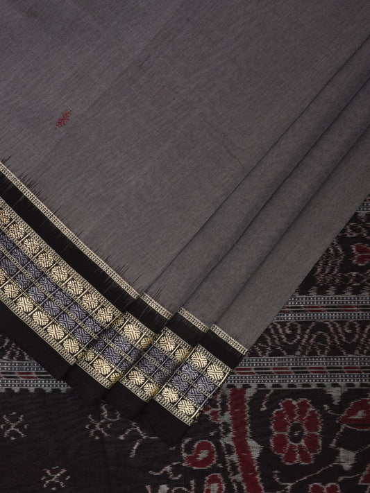 Grey and Black Ikat Cotton Silk Handloom Plain Saree with Pallu Design i0864