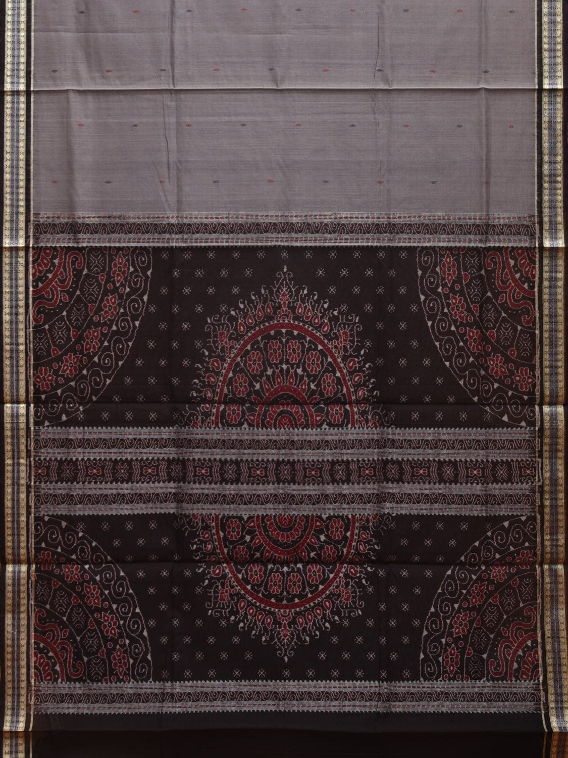 Grey and Black Ikat Cotton Silk Handloom Plain Saree with Pallu Design i0864