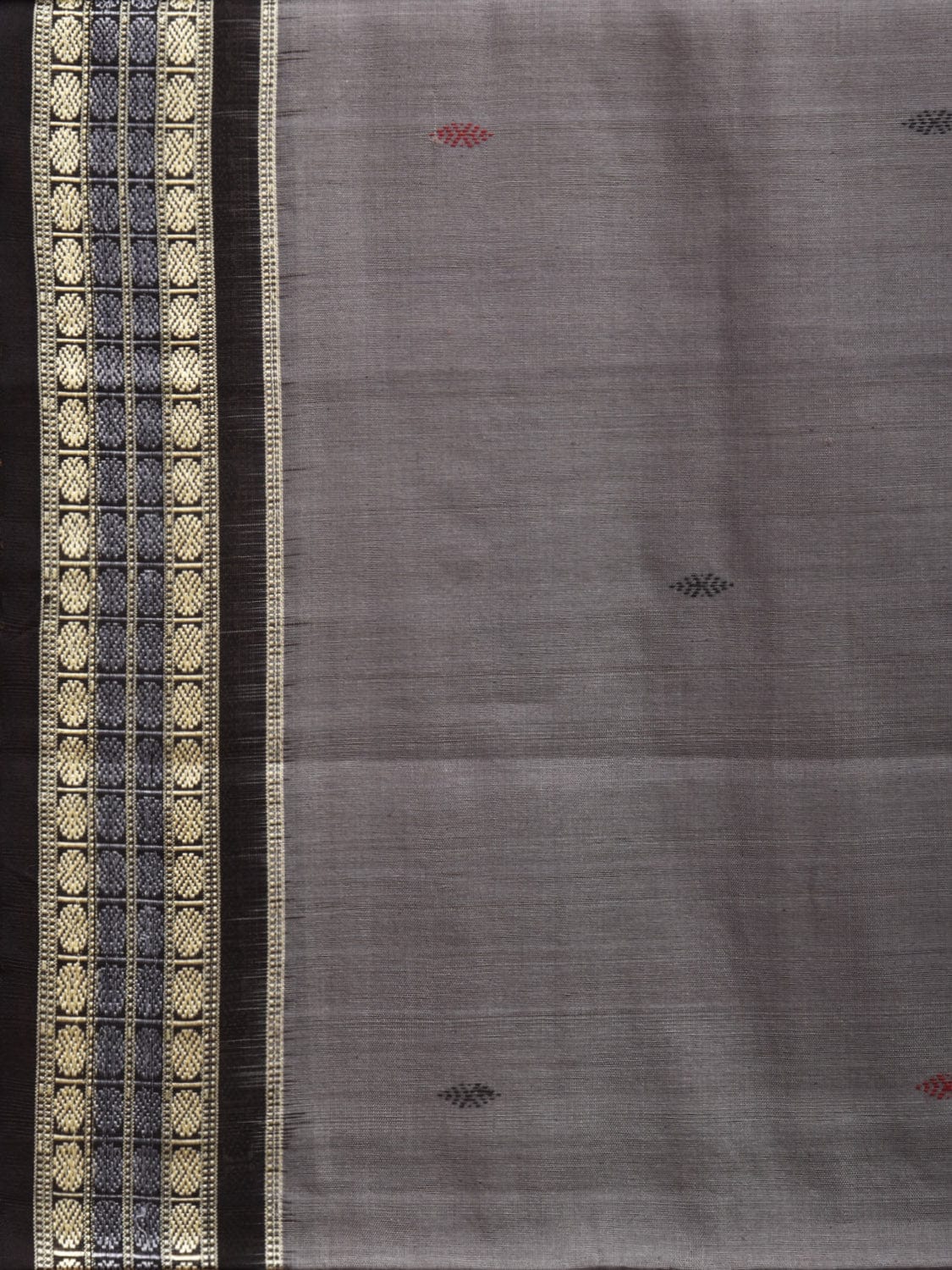 Grey and Black Ikat Cotton Silk Handloom Plain Saree with Pallu Design i0864
