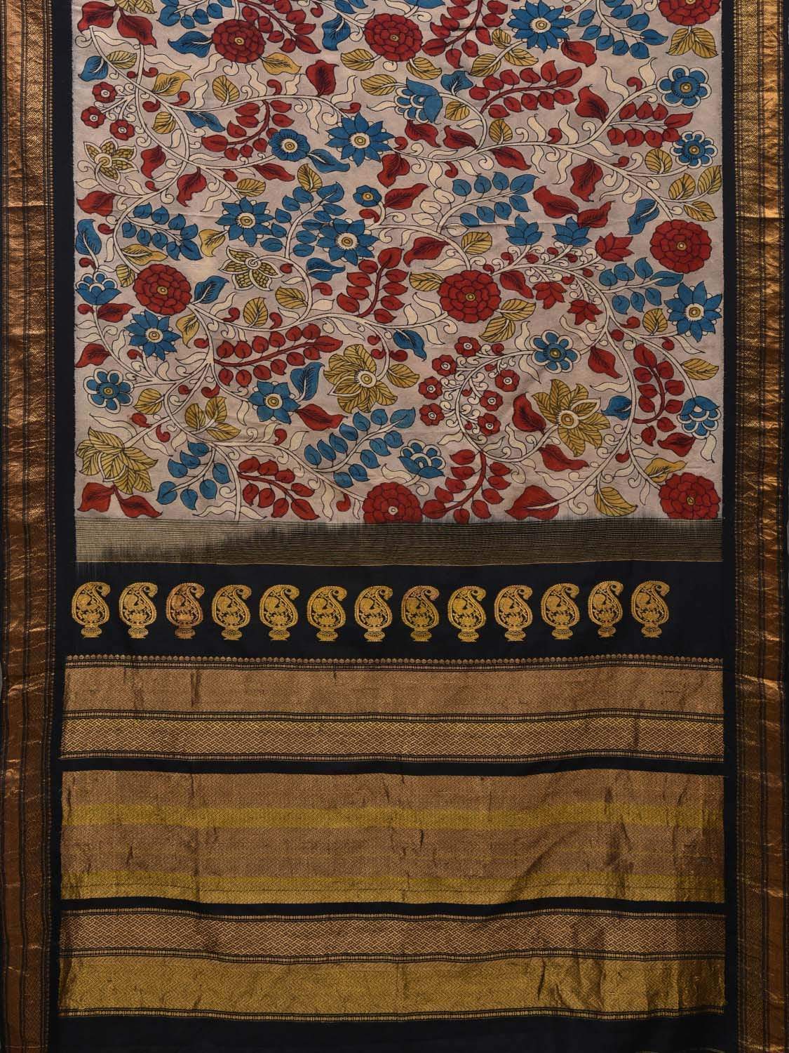 Grey and Black Kalamkari Hand Painted Kanchipuram Silk Handloom Saree with Floral Design KL0549