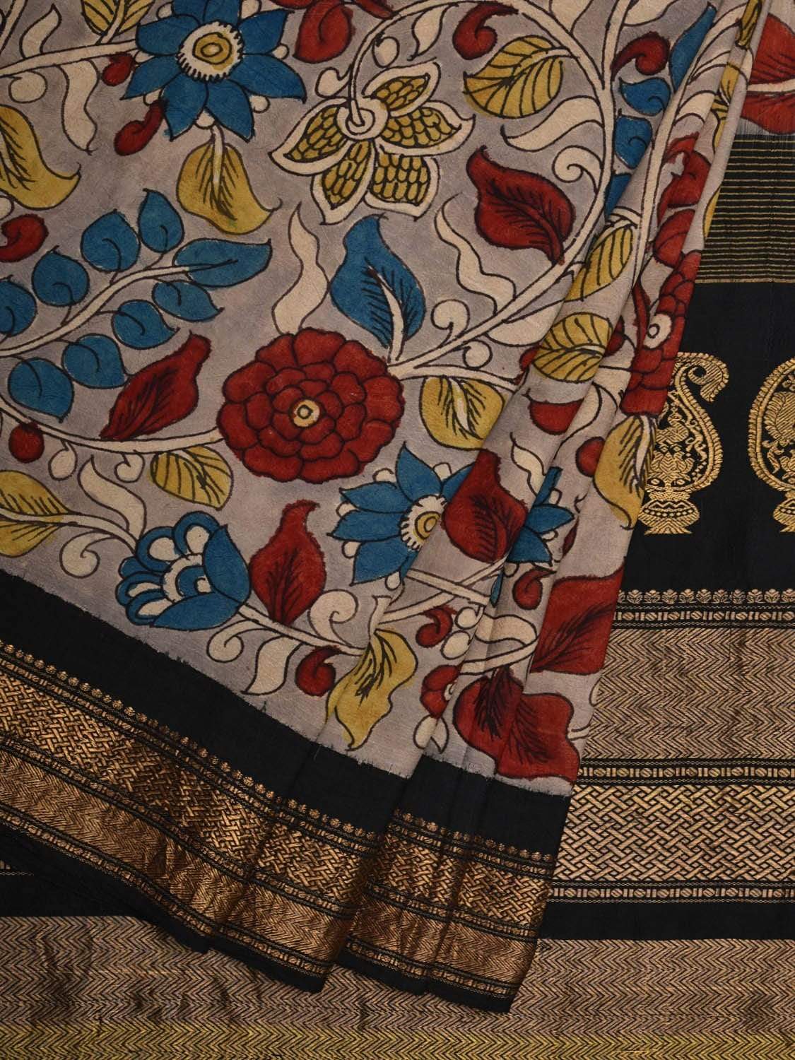 Grey and Black Kalamkari Hand Painted Kanchipuram Silk Handloom Saree with Floral Design KL0549
