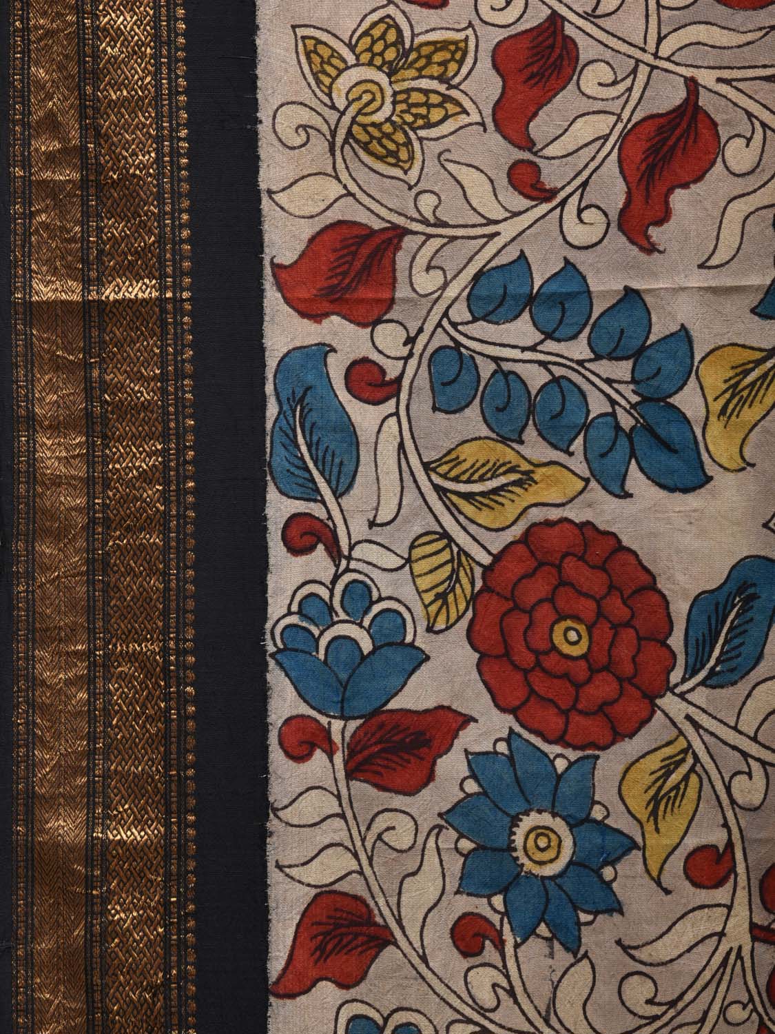 Grey and Black Kalamkari Hand Painted Kanchipuram Silk Handloom Saree with Floral Design KL0549