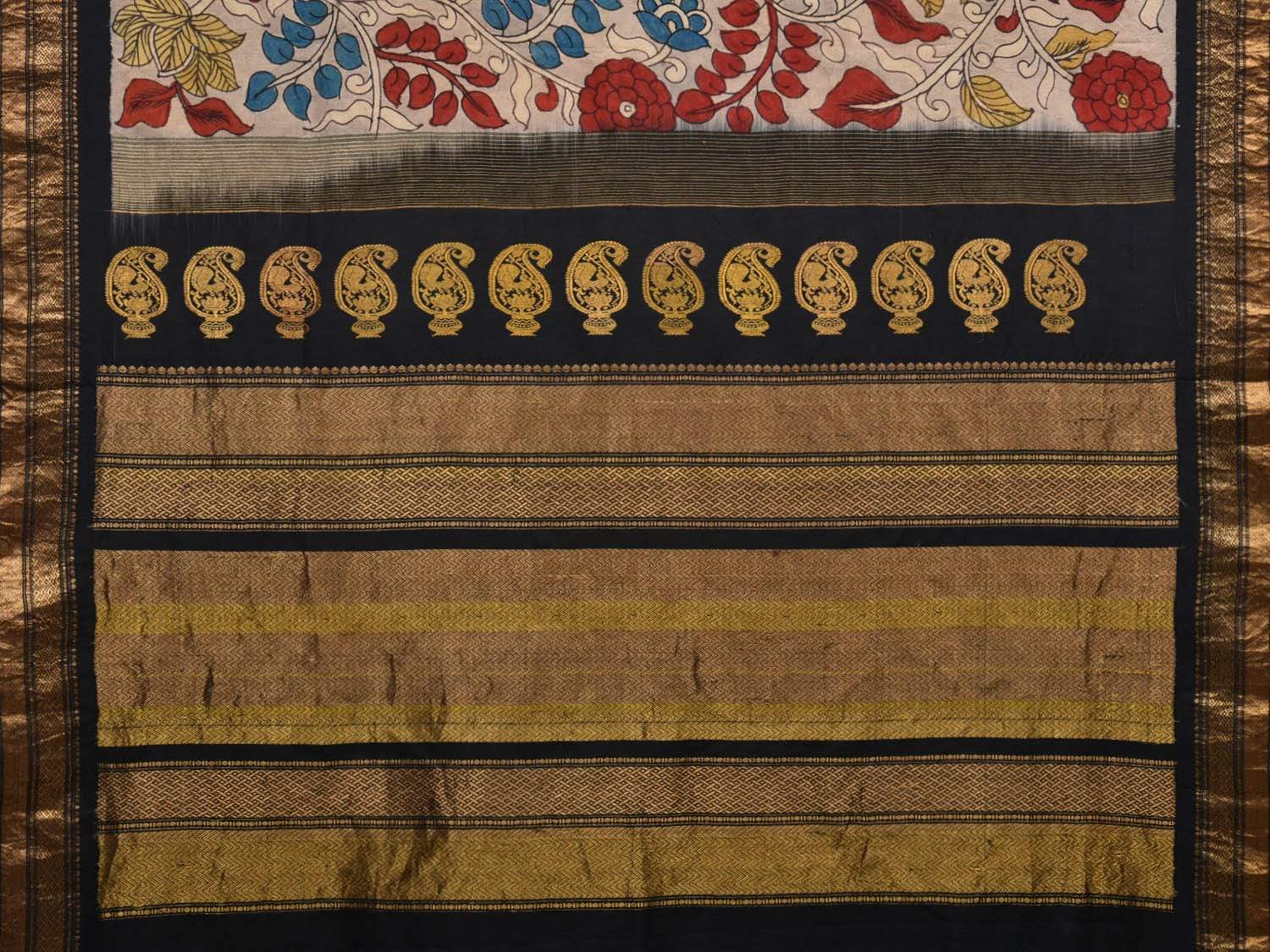 Grey and Black Kalamkari Hand Painted Kanchipuram Silk Handloom Saree with Floral Design KL0549