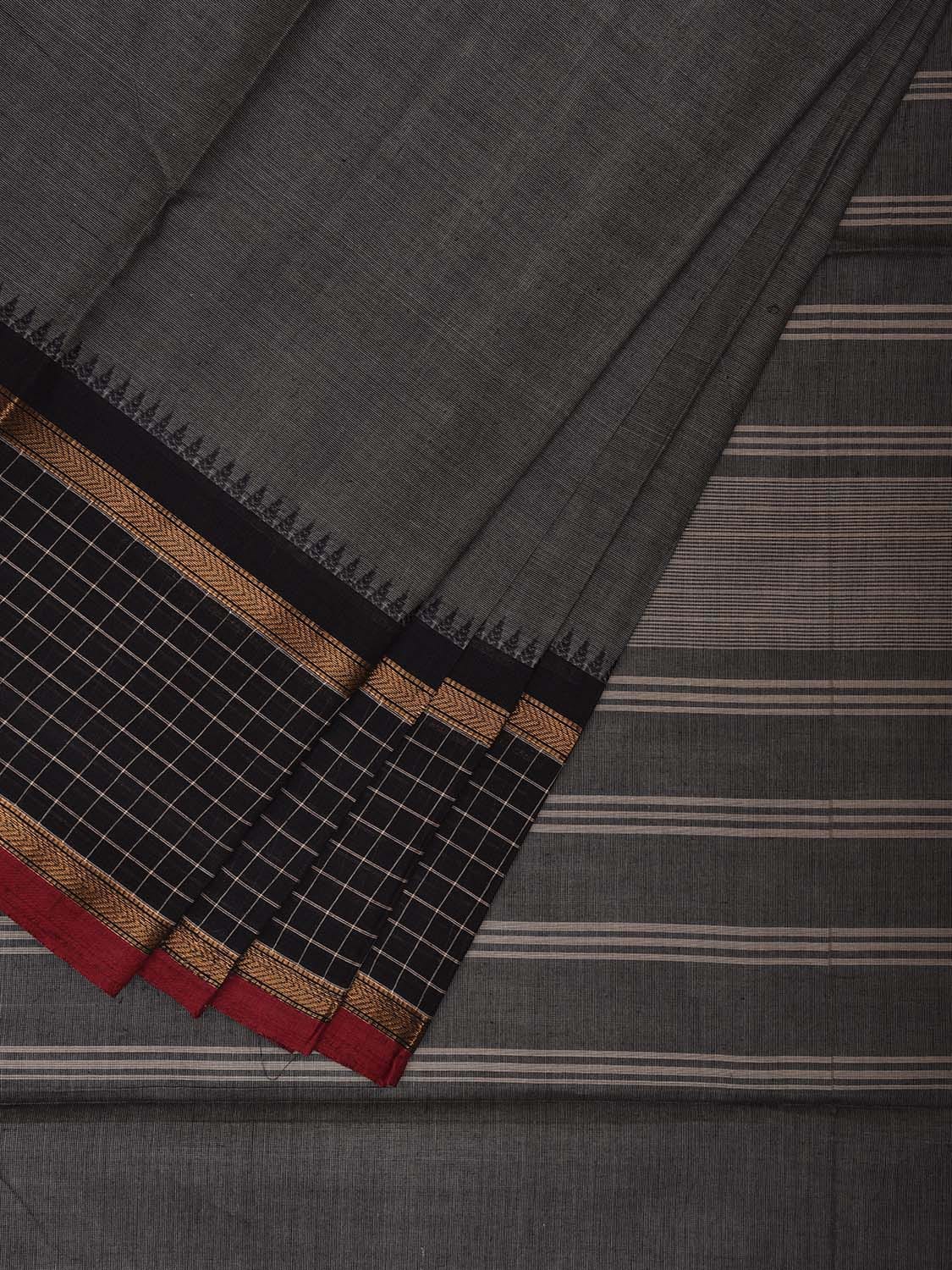 Grey and Black Kanchipuram Cotton Plain Saree with Strips Pallu and Checks Border Design k0746