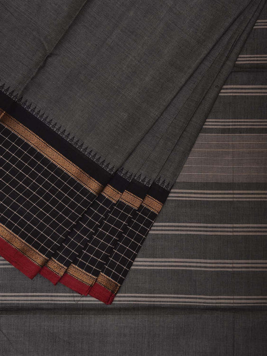 Grey and Black Kanchipuram Cotton Plain Saree with Strips Pallu and Checks Border Design k0746