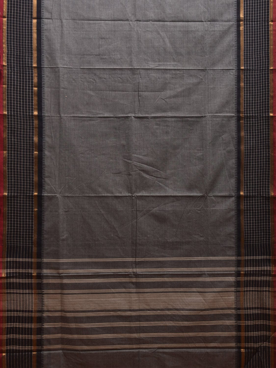 Grey and Black Kanchipuram Cotton Plain Saree with Strips Pallu and Checks Border Design k0746