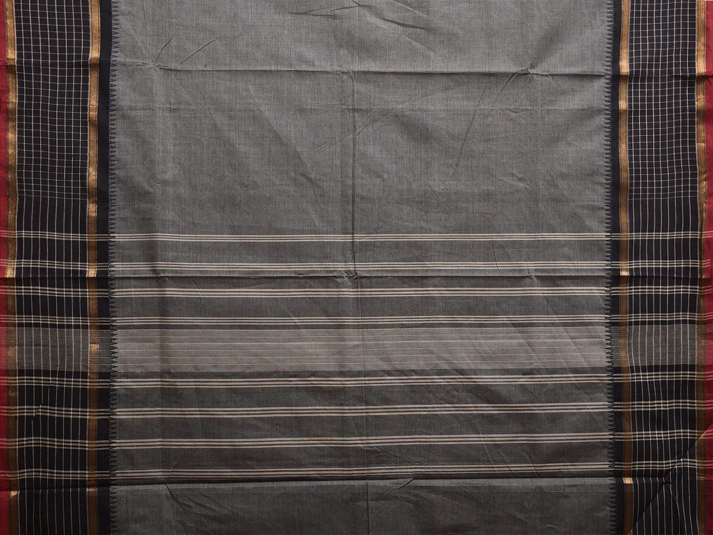Grey and Black Kanchipuram Cotton Plain Saree with Strips Pallu and Checks Border Design k0746
