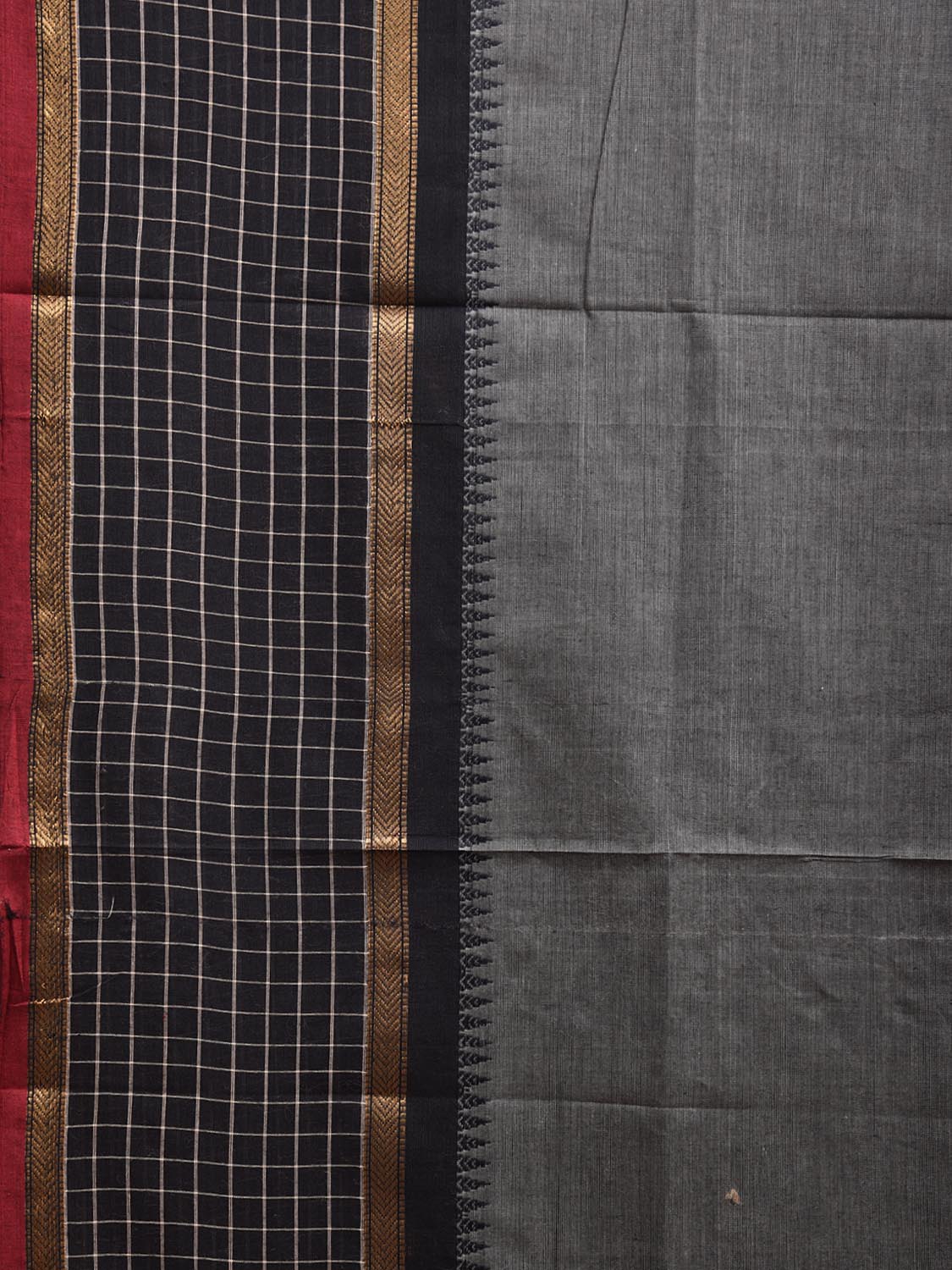 Grey and Black Kanchipuram Cotton Plain Saree with Strips Pallu and Checks Border Design k0746